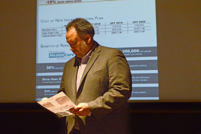 Nico Gomez, Oklahoma Health Care Authority CEO, discusses the Medicaid Rebalancing Act of 2020 at a forum in Durant on April 22. Gomez proposed the plan as a way to help ensure the Medicaid program in Oklahoma is sustainable well into the future. Photo by Jaclyn Cosgrove, The Oklahoman
