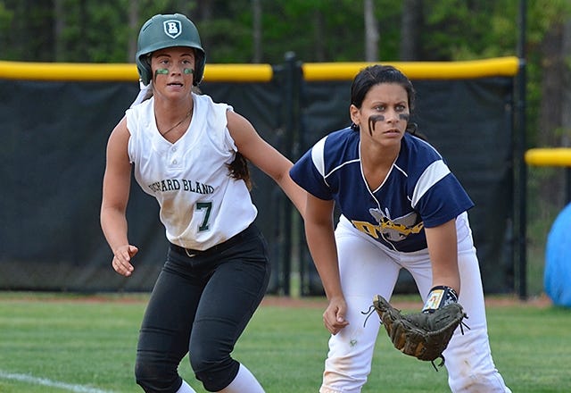 Kimberly Ellis of Chesterfield/Lloyd C. Bird (7) on base for the Richard Bland Statesmen during a 2016 regular season contest. Contributed photo.