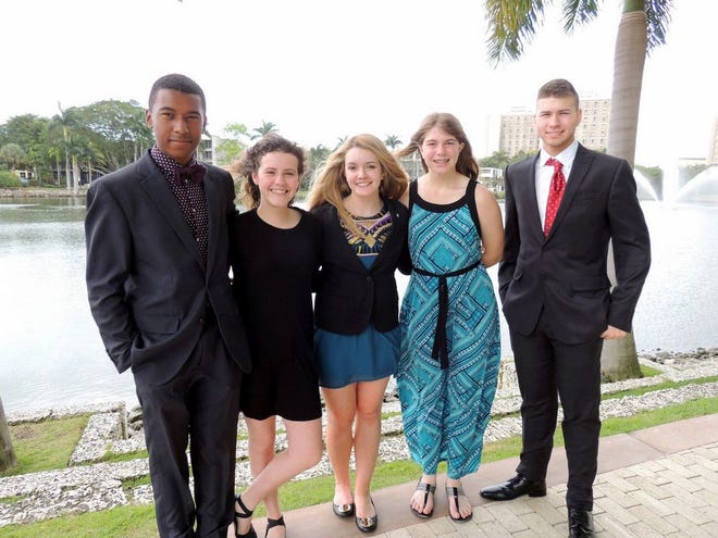 Members of the Mosley Model United Nations Debate Team pose at the University of Miami. From left are Lorenzo Walker, Tori Vargas, Paris Kemeny, Ciera-Lyn Gast and Brett Resler.