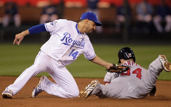 Kansas City second baseman Omar Infante, left, tags out Washington's Bryce Harper as he attempts to steal second base in the sixth inning Monday at Kauffman Stadium in Kansas City, Mo.
