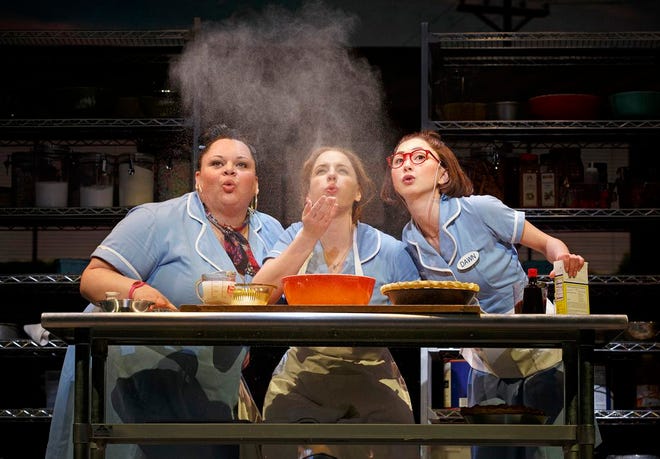 This image released by Boneau/Bryan-Brown shows, Keala Settle, left, Jessie Mueller and Kimiko Glenn, right, during a performance of "Waitress," at the Brooks Atkinson Theatre in New York. (Joan Marcus/Boneau/Bryan-Brown via AP)
