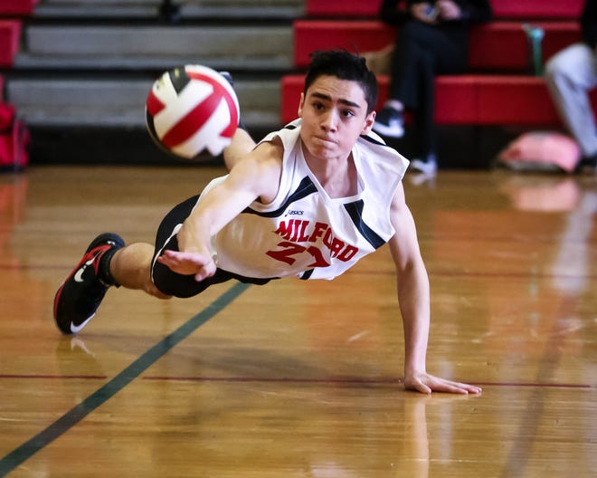 Andre Oliveira (pictured here in a game against Algonquin earlier this season) and the Milford volleyball team fell 3-2 to Nipmuc on Tuesday. Daily News and Wicked Local File Photo/Dan Holmes