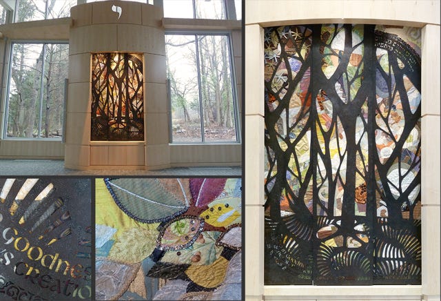 Temma Gentles, an artist in Ontario, Canada, designed the 300-pound parochet — a curtain which covers the ark doors. See a gallery of her work and find out more about her at temmagentles.com.