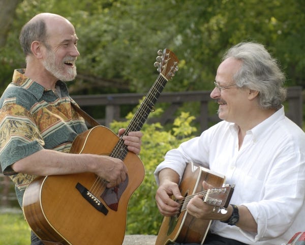 Michigan residents Michael Hough, left, and David Tamulevich, who are the duo Mustard's Retreat, will host workshops and perform on Saturday and Sunday.