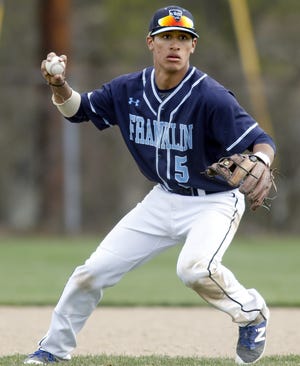 Alex Bissanti (pictured here in a game earlier this season) and the Franklin baseball team couldn't generate any offense in a loss to Hockomock League foe Canton.         Daily News and Wicked Local File Photo/ Marshall Wolff