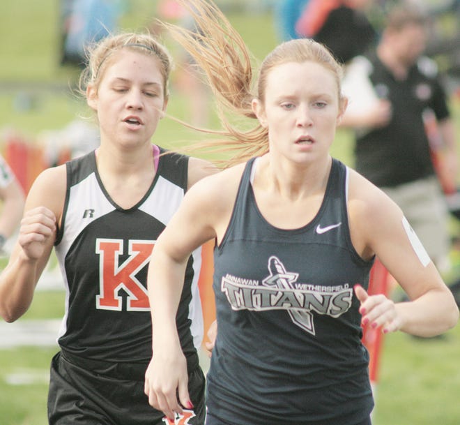Annawan-Wethersfield’s Kirstie Ramsey, right, set a new Brockman Invite record in the 3200-meter run.