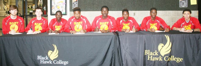 Members of the 2015-16 Black Hawk East men’s basketball team signing letters of intent Tuesday were, from left, Seth Horn and Karson Arrenholz, Sauk Valley CC; Jabari Antwine, Moberly Area CC in Moberly, Mo.; Devonte Myles, Olney Central College; Bradley Nairn, Henderson State University in Arkadelphia, Ark,; Chika Ubah and Chinedu Ubah, Olney Central College; and Joe Williams, Triton College. Absent from the photo was Shawn Foxbrennen, who also signed with Moberly Area CC.