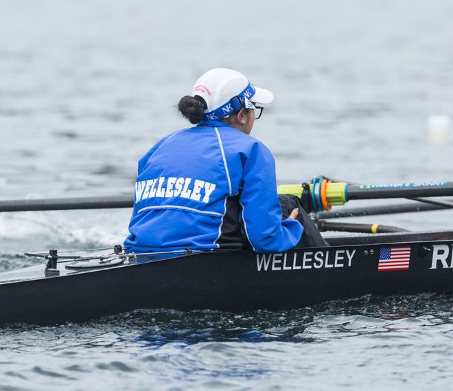Wellesley native Stephanie Kim sits in her position as coxawain on the Wellesley College crew team.