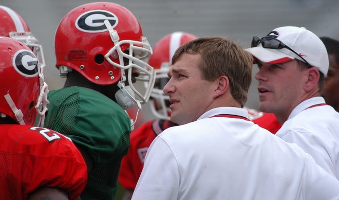 Kirby Smart and Mike Bobo were on staff together at Georgia in 2005. (Photo courtesy of UGA Athletics)