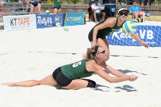 Vendy Strakova, front, and Sara Putt enter the NCAA tournament with a 32-2 record as Stetson's No. 1 beach volleyball pairing. They won their final seven matches. ASUNPHOTOS.COM