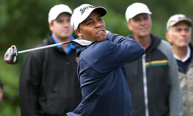 Gastonia's Harold Varner III watches one of his tee shots during the first round of the Wells Fargo Championship at the Quail Hollow Club Thursday. Varner finished his round with an even par 72. JOHN CLARK/THE GAZETTE