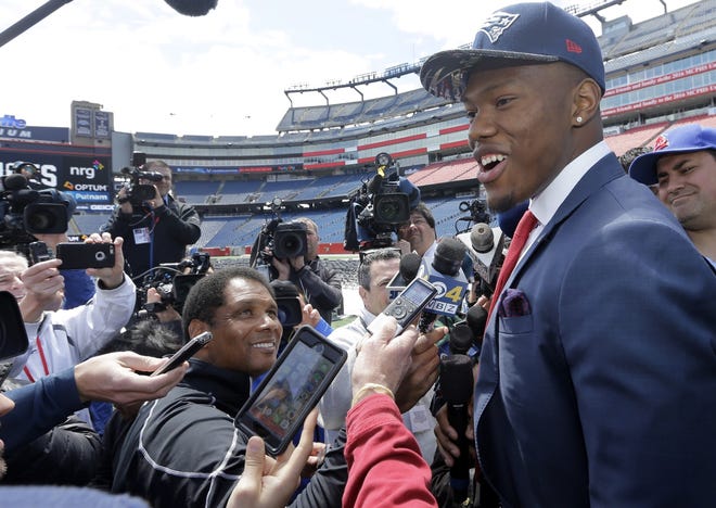 Cornerback Cyrus Jones talks to the media after his introduction at Gillette Stadium on Friday. AP Photo