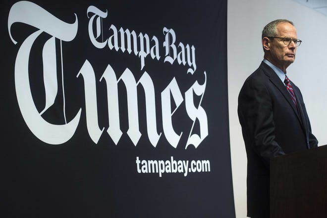 Tampa Bay Times chairman and CEO Paul Tash leads a press conference regarding the sale of the Tampa Tribune at the Tampa Bay Times' Tampa bureau on Tuesday, May 3, 2016.