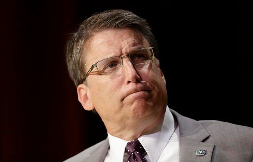 North Carolina Gov. Pat McCrory pauses while making comments concerning House Bill 2 during a government affairs conference in Raleigh, North Carolina, on Wednesday, May 4, 2016.