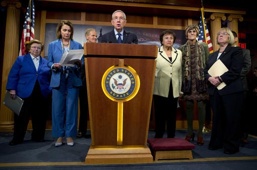 Senate Minority Leader Sen. Harry Reid of Nev., center, speaks during a news conference on Capitol Hill in Washington, Wednesday, April 27, 2016, to call on congressional Republicans to approve President Barack Obama's emergency supplemental request to fight the Zika virus. From left are, Sen. Barbara Mikulski, D-Md., House Minority Leader Nancy Pelosi of Calif., Sen. Bill Nelson, D-Fla., Reid, Rep. Nita Lowey, D- N.Y., Rep. Roas DeLauro, D-Conn., and Sen. Patty Murray, D-Wash.