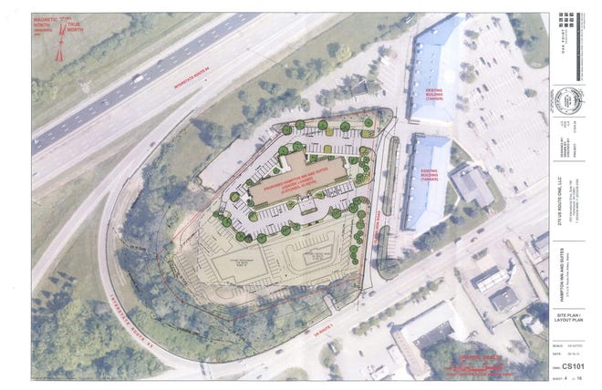 The site plan of the proposed Hampton Inn and Suites on Route 1 in Kittery submitted to the Planning Board.