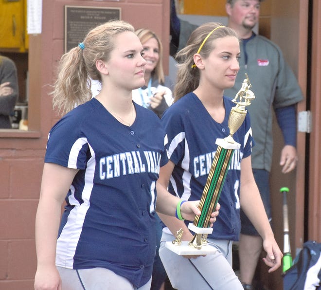 Central Valley Academy's Taylor Lindig and Brooke Macisco (from left) carry the David P. Whalen Memorial Tournament championship trophy back to their team Saturday. Lindig was the tournament's most valuable player. 

Times Telegram Photo/Jon Rathbun