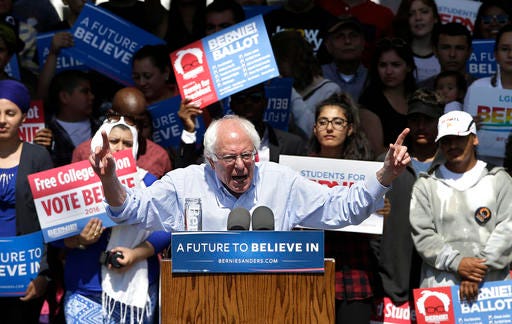 Democratic presidential candidate Sen. Bernie Sanders, I-Vt., speaks at a campaign rally on Tuesday in Stockton, California.