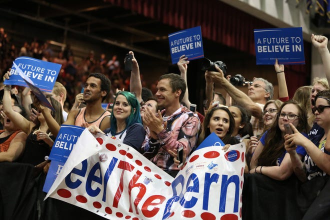 Supporters attend a campaign rally for Democratic presidential candidate, Sen. Bernie Sanders, I-Vt., on Tuesday, May 10, 2016, in Salem, Ore. (Danielle Peterson/Statesman-Journal via AP)