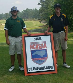 Kings Mountain's Alex Goff, right, tied for fourth place and Crest's Jake Scruggs, left, was in seventh-place deadlock after the final round of the 3A state tournament at Whispering Pines.