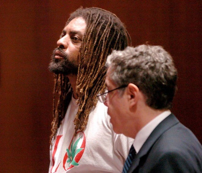 (File) Ed “NJ Weedman” Forchion shows his disapointment as the jury couldn’t reach a verdict in May in Mount Holly on the most serious charge against him. His court appointed attorney Donald Ackerman speaks to the judge in Forchion’s behalf. Rose Shields/staff photographer
