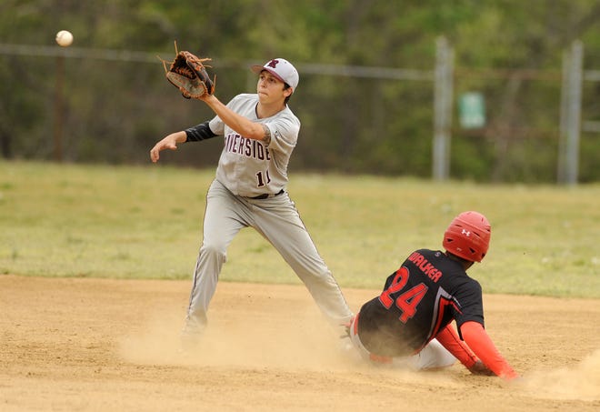 Riverside's Kasey Getz, shown here earlier in the season playing second base, threw a five-inning no-hitter on Wednesday as Riverside defeated Burlington City to reach the BCSL baseball tournament title game.