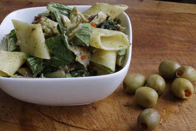 Pasta salad with chicken, green olives and ramp vinaigrette
