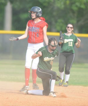 Arendell Parrott Academy's Caroline Casey (5) reacts to being called out after she tried to steal second base as the Lawerence Academy's Lauren Bailey and Gracen Rogers (12) celebrate Thursday in the sixth inning at Parrott Academy.