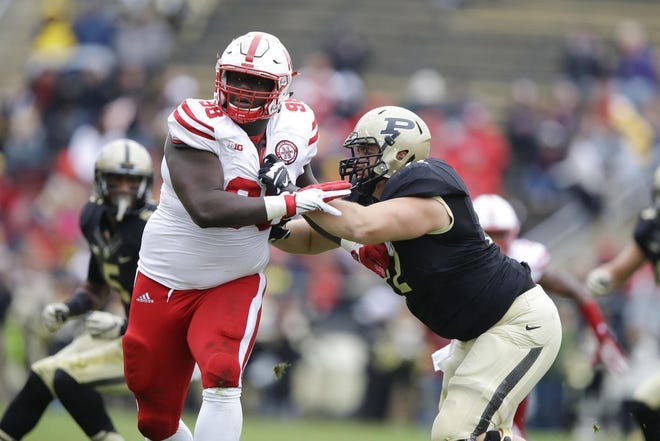Patriots third-round draft pick Vincent Valentine (98), a 320-pound defensive tackle from Nebraska, works against Purdue guard Jason King during a college football game in West Lafayette, Ind., last season.