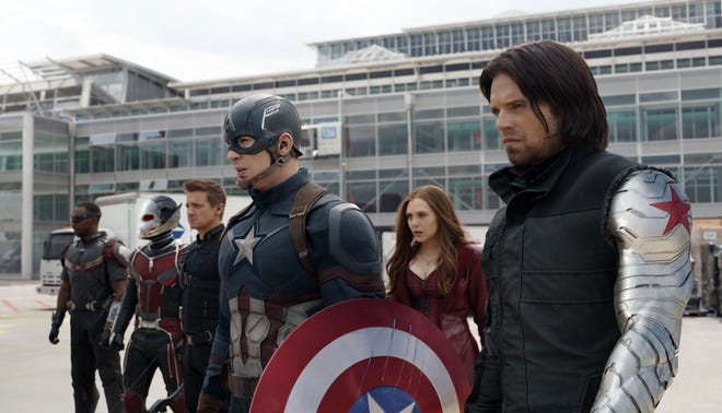 Anthony Mackie, from left, Paul Rudd, Jeremy Renner, Chris Evans, Elizabeth Olsen and Sebastian Stan appear in a scene from "Captain America: Civil War." 

Disney