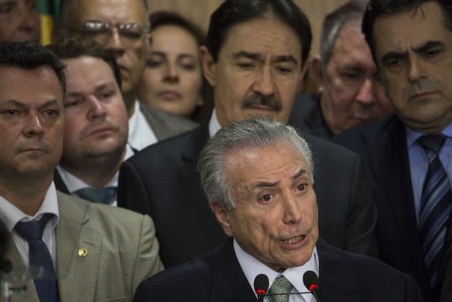 Michel Terner, Brazil's acting president, addresses the nation Thursday from the presidential palace in Brasilia. Terner promised to beef up the fight against corruption.