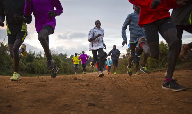 Kenyan athletes train together just after dawn, in Kaptagat Forest in western Kenya. The IAAF has cleared the country's athletes to compete in the Rio de Janiero Olympics even though their drug testing agency has been suspended. Associated Press