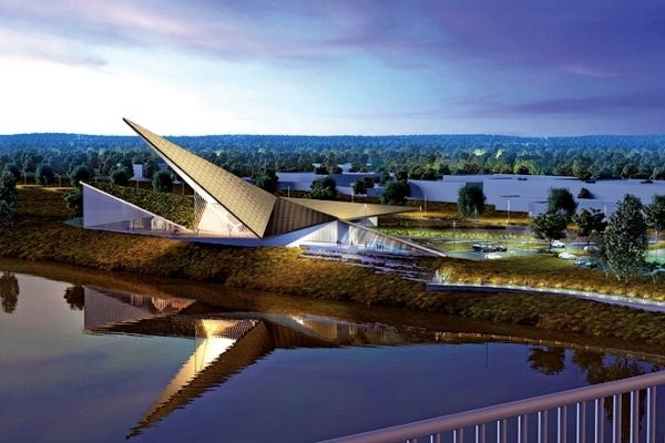 An architect‘s drawing of the planned $50 million U.S. Marshals Museum shows the abstract five-pointed star design. The museum is planned along the Arkansas River in Fort Smith. Courtesy of the U.S. Marshals Museum