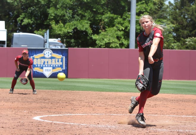 Freshman Madi Moore throws a pitch during the second round of the SEC Tournament against Auburn on Friday in Starkville, Miss. The Crimson Tide lost 6-4. 
Photo/Jim Lytle