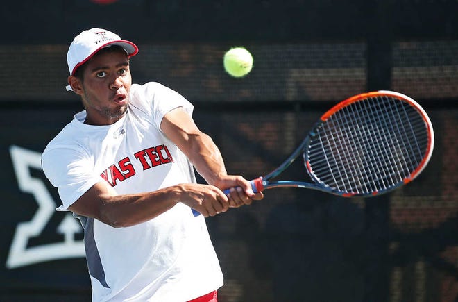 Texas Tech's Alex Sendegeya returns the ball during his match against TCU's Guillermo Nuñez on Sunday, April 24, 2016, at McLeod Tennis Center in Lubbock, Texas. Texas Tech defeated TCU 4-2 to win a share of the Big 12 Championship. (Brad Tollefson/A-J Media)