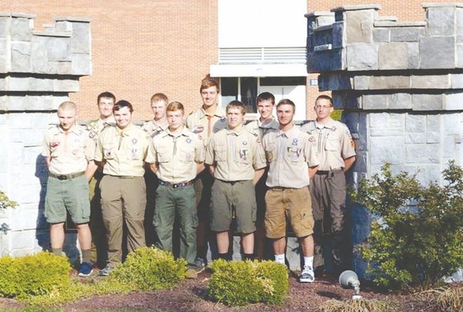 Scouts are, from left: front — Joey Burns, Brandon Clare, Zach Hain, Cory Monn, Shawn Keller; back — Caleb Root, Drew Sullivan, Christian Gleichman, Chris Bowman, Kyle Hengst.