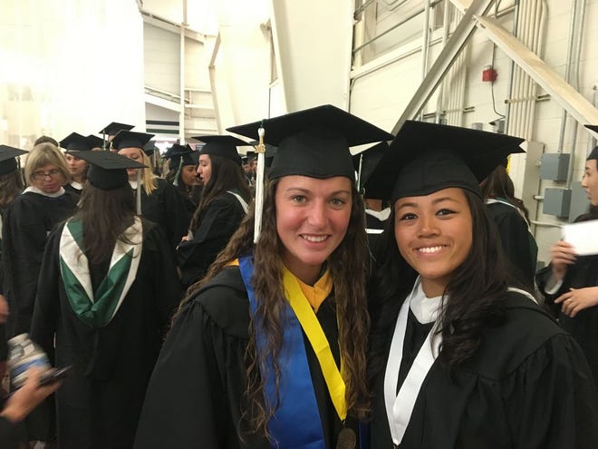 Courtney Franceschi, left, and Teaganne Finn, get ready for the commencement ceremony to graduate from Hobart and William Smith Colleges on Sunday with the Class of 2016.