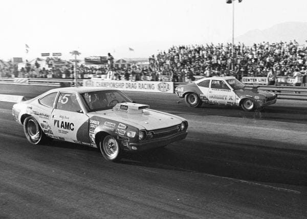 One of the most famous final rounds in NHRA Pro Stock history was the 1976 World Finals, when two AMC Hornets met for the title. Wally Booth, near side, defeated number one qualifier Maskin & Kanners, far side, on a quicker reaction time holeshot win. Richard Maskin played a major role in bringing the AMC brand along in the professional class of NHRA Pro Stock drag racing. (Photo compliments of NHRA).