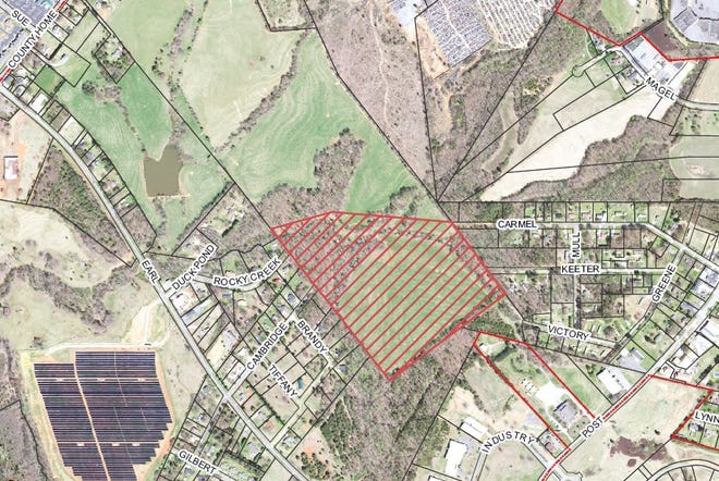The red area shows where a solar farm is set to be located on 230 Victory Lane. Shelby City Council denied an amendment to the Special Use Permit for the solar farm related to a greenway on the property. Provided by The City of Shelby.