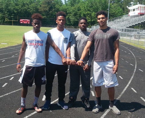 West Craven’s 4x100 and 4x200 relays qualified for Friday’s NCHSAA 3A track and field championships on the campus of N.C. A&T in Greensboro. Those runners are, from left to right: James Smith, Josh Moore, Kavon Carmen and Sage Lilly. The 4x200 relay is seeded first.