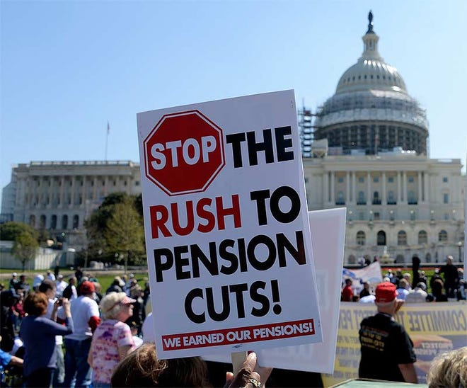 Teamsters retirees rallied in front of the U.S. Capitol in Washington last month to protest the proposed pension cuts.