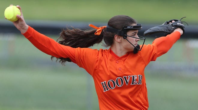 Hoovers Grace Vesco delivers during the first inning of their game against Perry. She pitched a shutout in their 5-0 victory at Massillon.



CantonRep.com / Scott Heckel