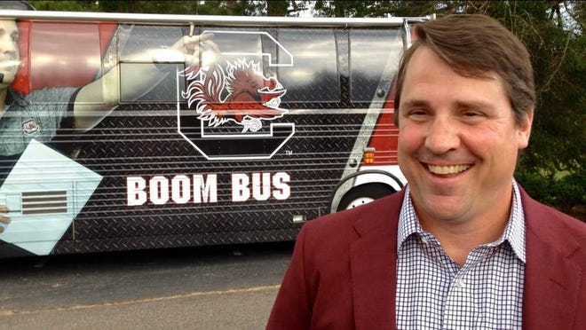 South Carolina football coach Will Muschamp, nicknamed 'Coach Boom,' headlined the Spurs Up booster tour stop at Houndslake Country Club on Wednesday night. More than 300 fans showed up.