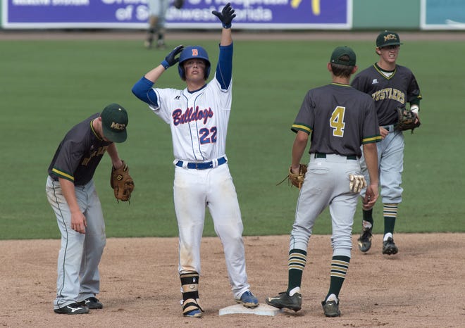 Hamp Skinner reacts after opening up the bottom of the sixth inning with a double for Bolles in the Class 5A state semifinal on Wednesday.