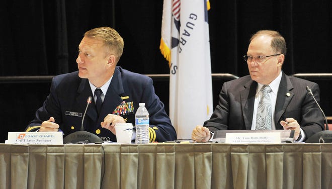 Coast Guard Captain Jason Neubauer, the Chief investigator and Tom Roth-Roffy, the NTSB Investigator-In-Charge during Monday morning's El Faro hearing. The second round of hearings on the ill fated El Faro cargo ship began Monday, May 16, 2016 at the Prime F. Osborn Convention Center as the investigation continues on the reasons for the loss of the ship and it's crew of 33.