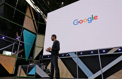 Google CEO Sundar Pichai delivers the keynote address of the Google I/O conference on Wednesday in Mountain View, California.