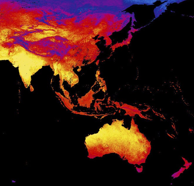This image released by NASA's Earth Observatory Team from data collected by the Moderate Resolution Imaging Spectroradiometer (MODIS), an instrument on NASA's Terra and Aqua satellites, shows the land surface temperature as observed by MODIS in Asia between April 15 to April 23, 2016. Yellow shows the warmest temperatures. April in Thailand is typically hot and sweaty but his year's scorching weather has set a record for the longest heat wave in at least 65 years. (Reto Stockli/NASA Earth Observatory Team/MODIS Land Science Team via AP)