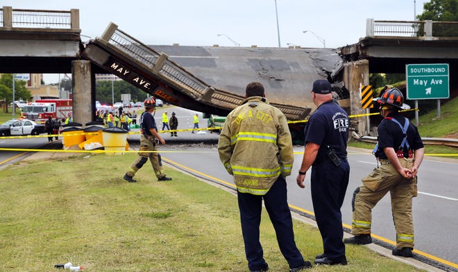 A section of the May Ave. bridge above the Northwest Expressway collapsed when it was hit by a truck Thursday afternoon, in Oklahoma City. No injuries were reported. Photo by Jim Beckel, The Oklahoman.