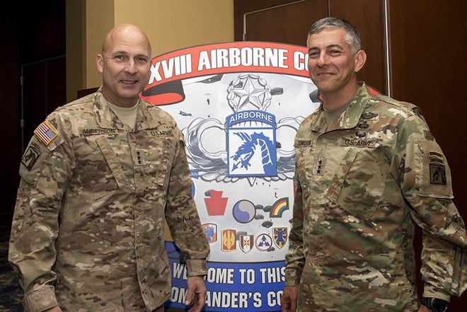 Lt General Joe Anderson Deputy Chief of Staff, G-3/5/7, Right and LTG Stephen J. Townsend. XVIII Airborne Corps Commanding General, at the opening of XVIII Airborne Corps Commanders Conference May 17 2016.