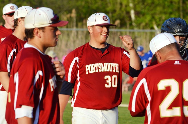 Portsmouth High School's Kyle Maurice (30) reacts with teammates during Friday's 13-1 win over Oyster River. Maurice hit a grand slam in the second inning and was also the game's winning pitcher.